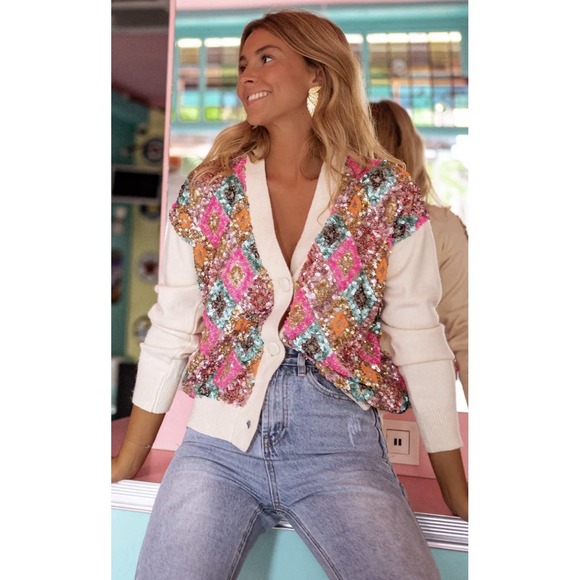 entro Sweaters - Entro Womens Multi Color Sequin Open Cardigan Boho Queen of sparkles Style Large